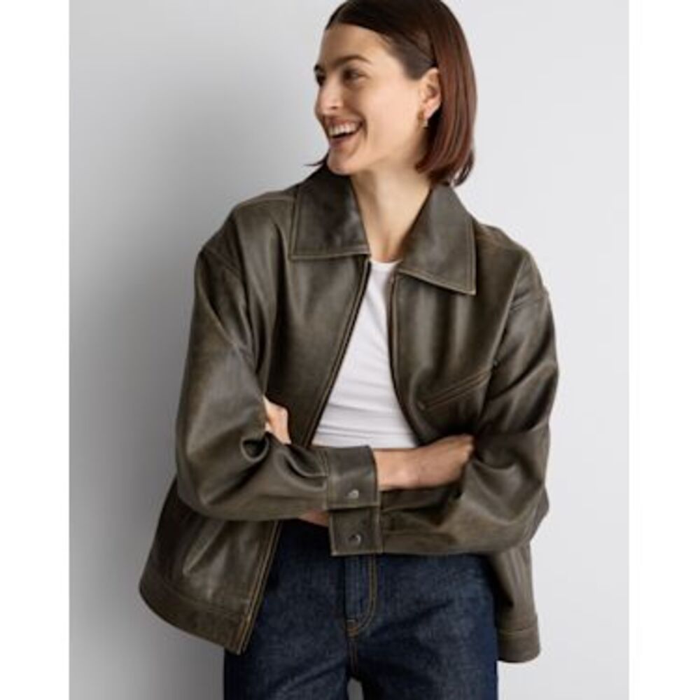 NWT Quince 100% Leather Oversized Bomber Jacket Distressed Brown Size L